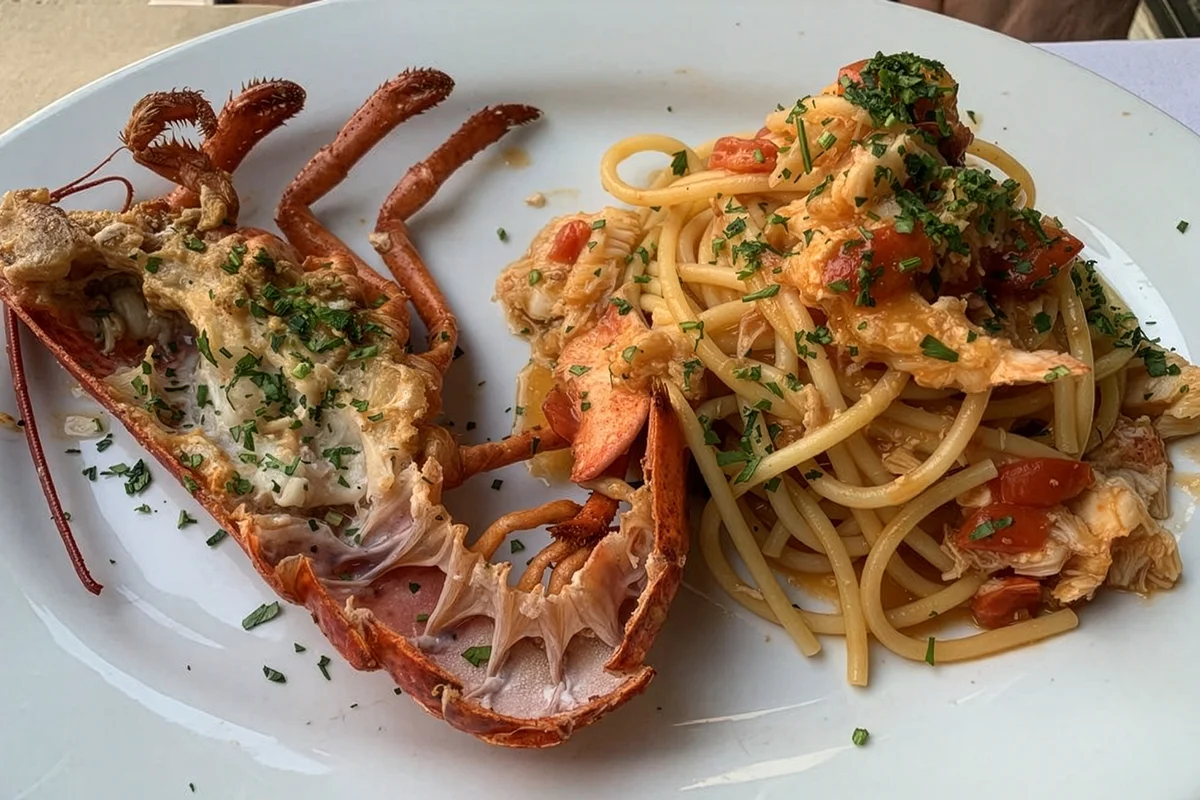 Gourmet lobster linguine pasta served with a half lobster shell and fresh herbs on a white plate.