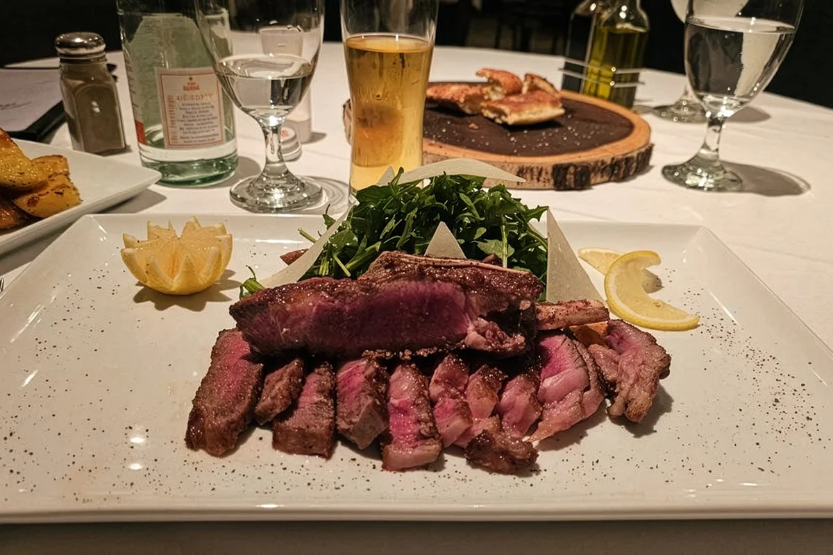 A platter of medium-rare sliced steak served with a fresh arugula salad, shaved parmesan, and lemon wedges on a restaurant table.